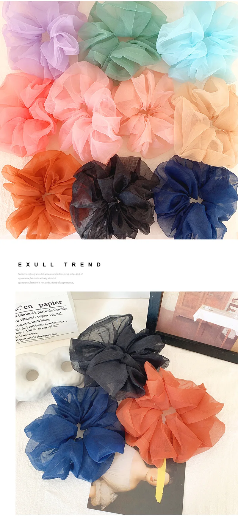 2022 Summer Organza Scrunchies Women Elastic Hair Band Korean Elegant Ponytail Holder Rubber Tie Band Hair Accessories Wholesale