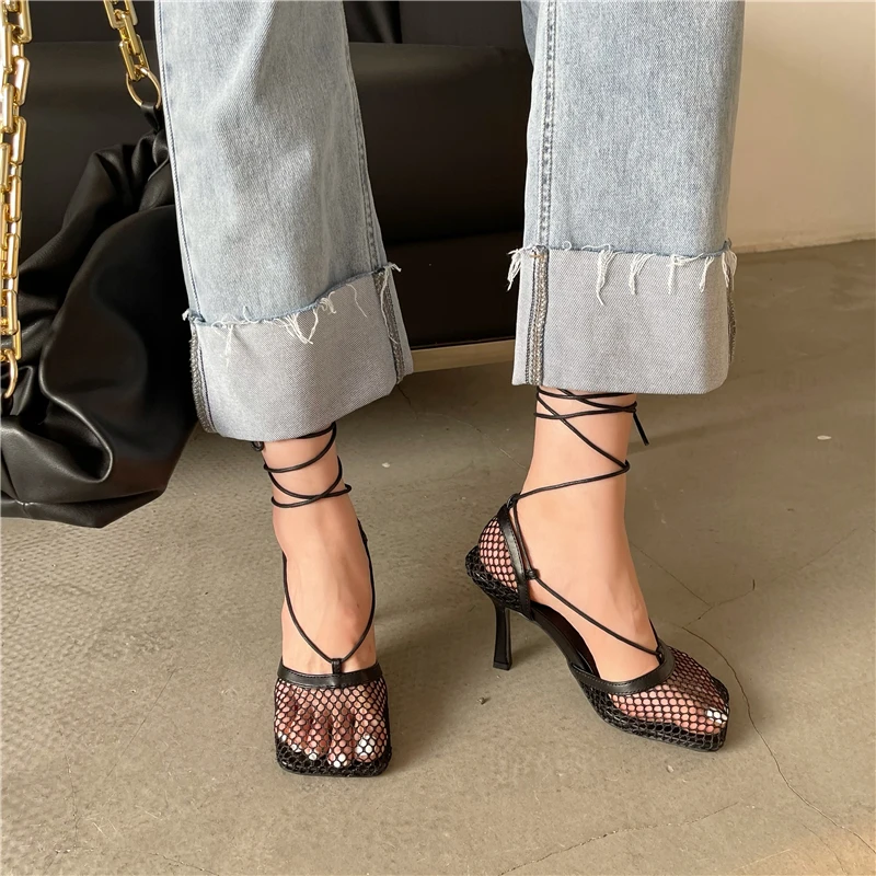 Aneikeh 2026 Stiletto Heels Mesh Fashion Sandals Square Toe Cross-Tied Shallow Concise Party Rome Solid Summer Shoes for Women