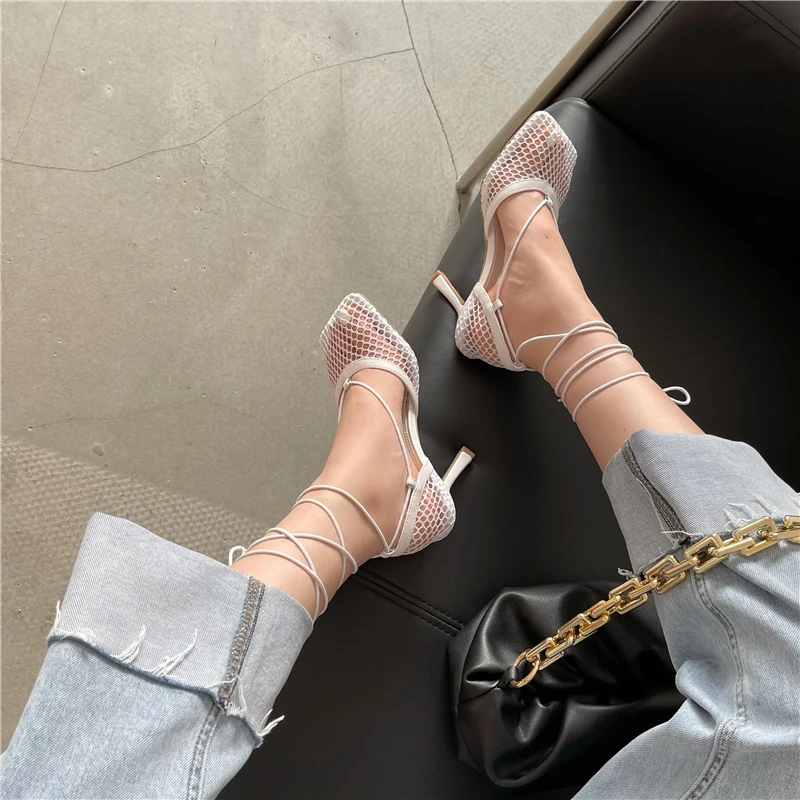 Aneikeh 2026 Stiletto Heels Mesh Fashion Sandals Square Toe Cross-Tied Shallow Concise Party Rome Solid Summer Shoes for Women