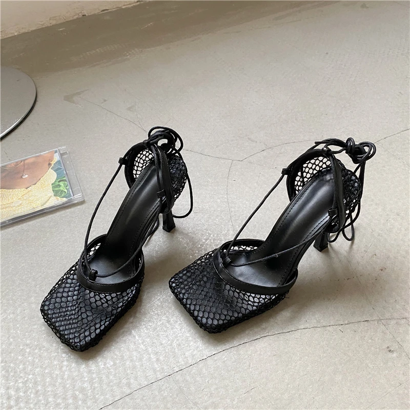 Aneikeh 2026 Stiletto Heels Mesh Fashion Sandals Square Toe Cross-Tied Shallow Concise Party Rome Solid Summer Shoes for Women