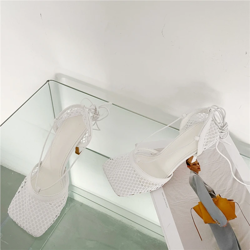 Aneikeh 2026 Stiletto Heels Mesh Fashion Sandals Square Toe Cross-Tied Shallow Concise Party Rome Solid Summer Shoes for Women
