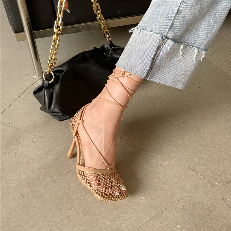 Aneikeh 2026 Stiletto Heels Mesh Fashion Sandals Square Toe Cross-Tied Shallow Concise Party Rome Solid Summer Shoes for Women
