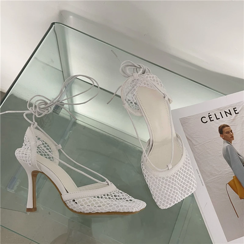 Aneikeh 2026 Stiletto Heels Mesh Fashion Sandals Square Toe Cross-Tied Shallow Concise Party Rome Solid Summer Shoes for Women