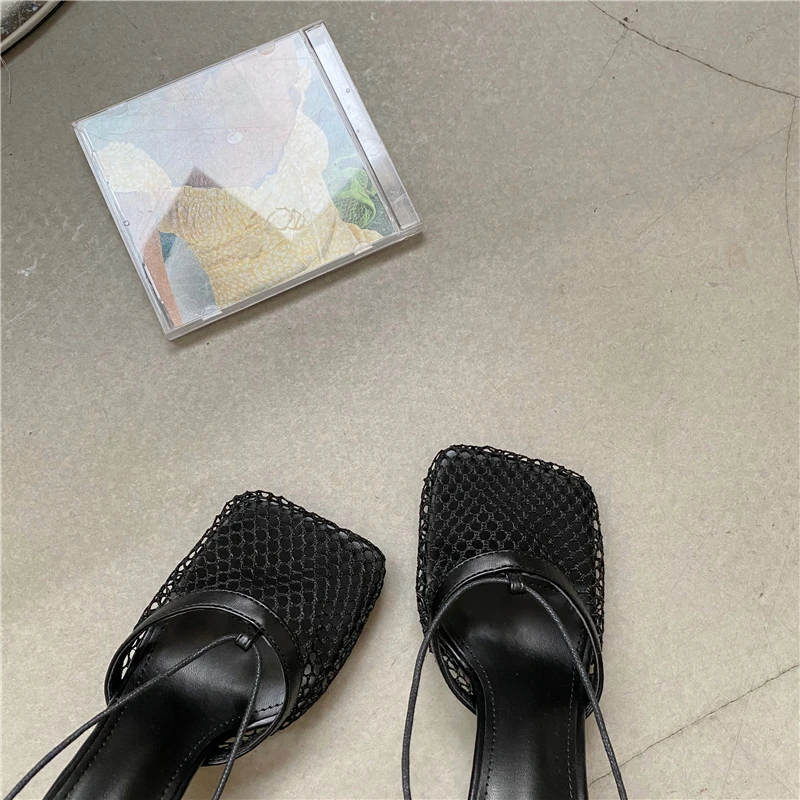 Aneikeh 2026 Stiletto Heels Mesh Fashion Sandals Square Toe Cross-Tied Shallow Concise Party Rome Solid Summer Shoes for Women