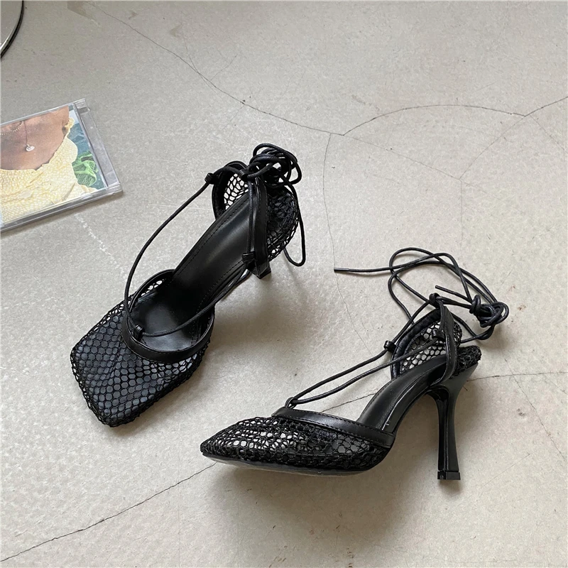 Aneikeh 2026 Stiletto Heels Mesh Fashion Sandals Square Toe Cross-Tied Shallow Concise Party Rome Solid Summer Shoes for Women
