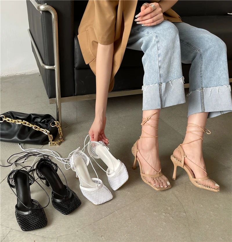 Aneikeh 2026 Stiletto Heels Mesh Fashion Sandals Square Toe Cross-Tied Shallow Concise Party Rome Solid Summer Shoes for Women