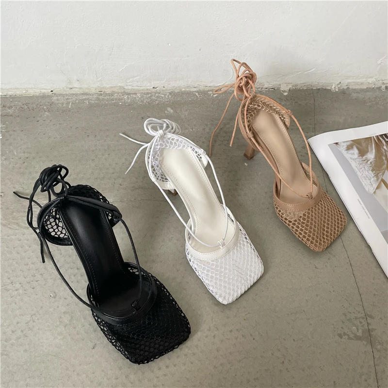 Aneikeh 2026 Stiletto Heels Mesh Fashion Sandals Square Toe Cross-Tied Shallow Concise Party Rome Solid Summer Shoes for Women