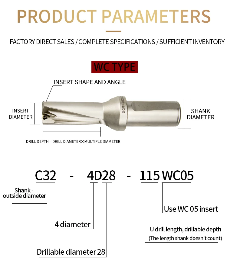 1pcs U Drill WC Indexable 4D Drill Bit C20 C25 C20-4D15-63WC03 WC05 WC04 WC06 WC08 CNC 13mm-40mm High Quality Drilling