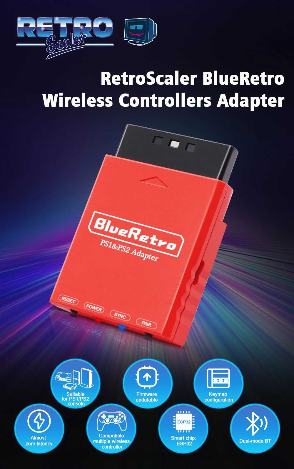 RetroScaler BlueRetro Wireless Game Controllers Adapter For PSX PS1 PS2 to Ipega 9076 PS4 PS5 Nintendo Switch Game Contorller