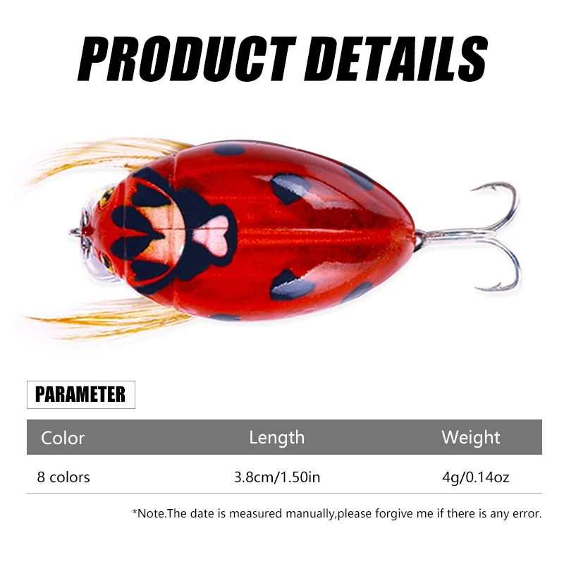 HENGJIA 1PCS 3.8cm 4g Artificial Ladybug Fishing Bait Cicada Beetle Insect Wobblers Fishing Lures Topwater For Bass Carp Fishing