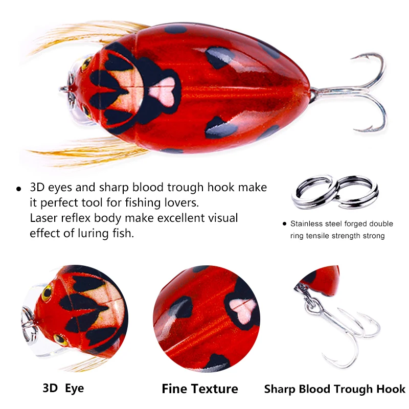 HENGJIA 1PCS 3.8cm 4g Artificial Ladybug Fishing Bait Cicada Beetle Insect Wobblers Fishing Lures Topwater For Bass Carp Fishing
