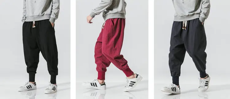 Cotton Linen Harem Pants Men Solid Elastic Waist Streetwear Joggers 2024 New Baggy Drop-crotch Pants Casual Trousers Men