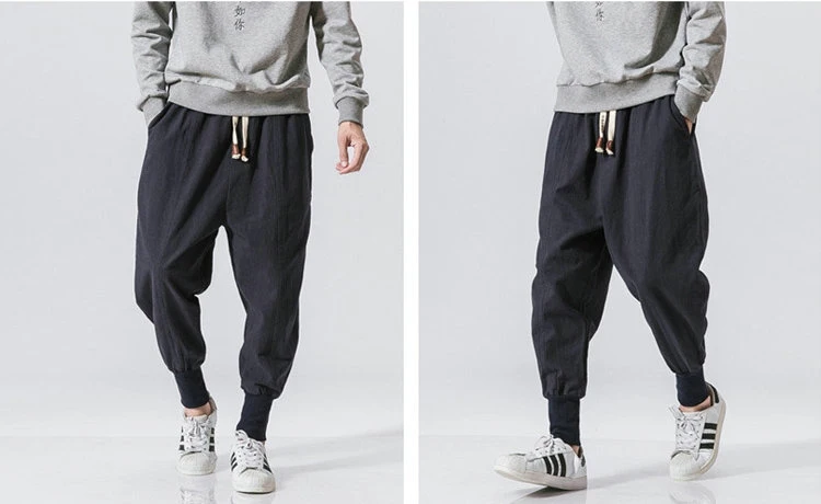 Cotton Linen Harem Pants Men Solid Elastic Waist Streetwear Joggers 2024 New Baggy Drop-crotch Pants Casual Trousers Men