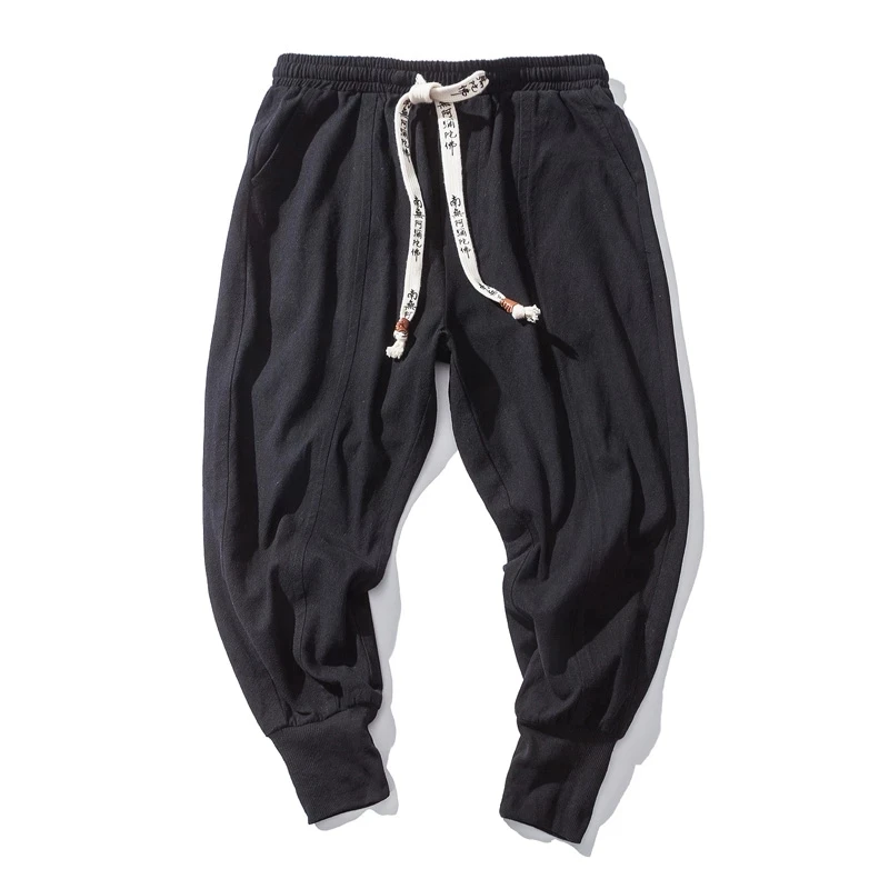 Cotton Linen Harem Pants Men Solid Elastic Waist Streetwear Joggers 2024 New Baggy Drop-crotch Pants Casual Trousers Men
