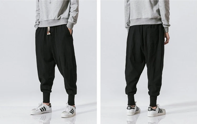 Cotton Linen Harem Pants Men Solid Elastic Waist Streetwear Joggers 2024 New Baggy Drop-crotch Pants Casual Trousers Men