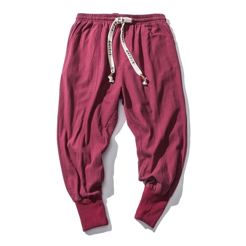Cotton Linen Harem Pants Men Solid Elastic Waist Streetwear Joggers 2024 New Baggy Drop-crotch Pants Casual Trousers Men
