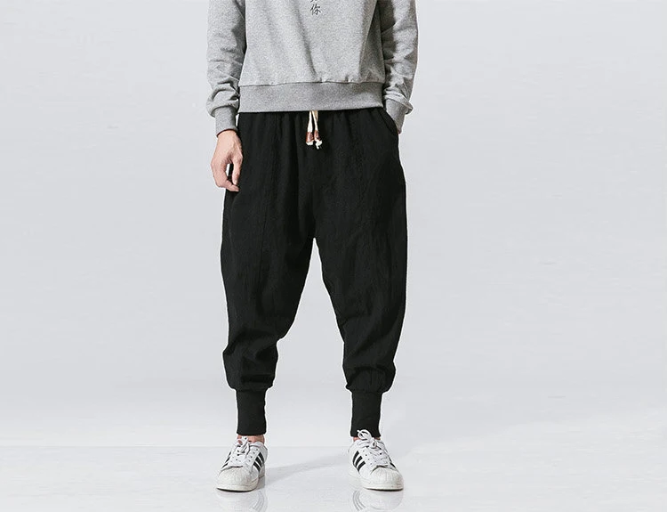 Cotton Linen Harem Pants Men Solid Elastic Waist Streetwear Joggers 2024 New Baggy Drop-crotch Pants Casual Trousers Men