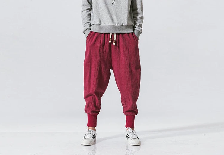 Cotton Linen Harem Pants Men Solid Elastic Waist Streetwear Joggers 2024 New Baggy Drop-crotch Pants Casual Trousers Men