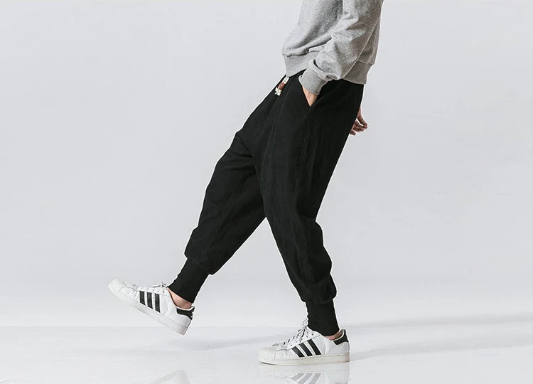 Cotton Linen Harem Pants Men Solid Elastic Waist Streetwear Joggers 2024 New Baggy Drop-crotch Pants Casual Trousers Men