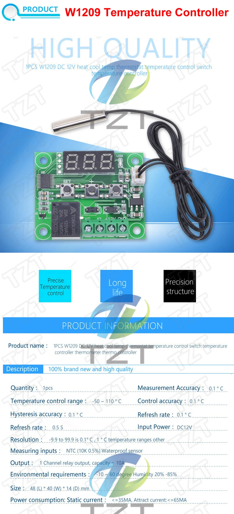 W1209 Blue/Red light DC 12V heat cool temp thermostat temperature control switch temperature controller thermometer thermo