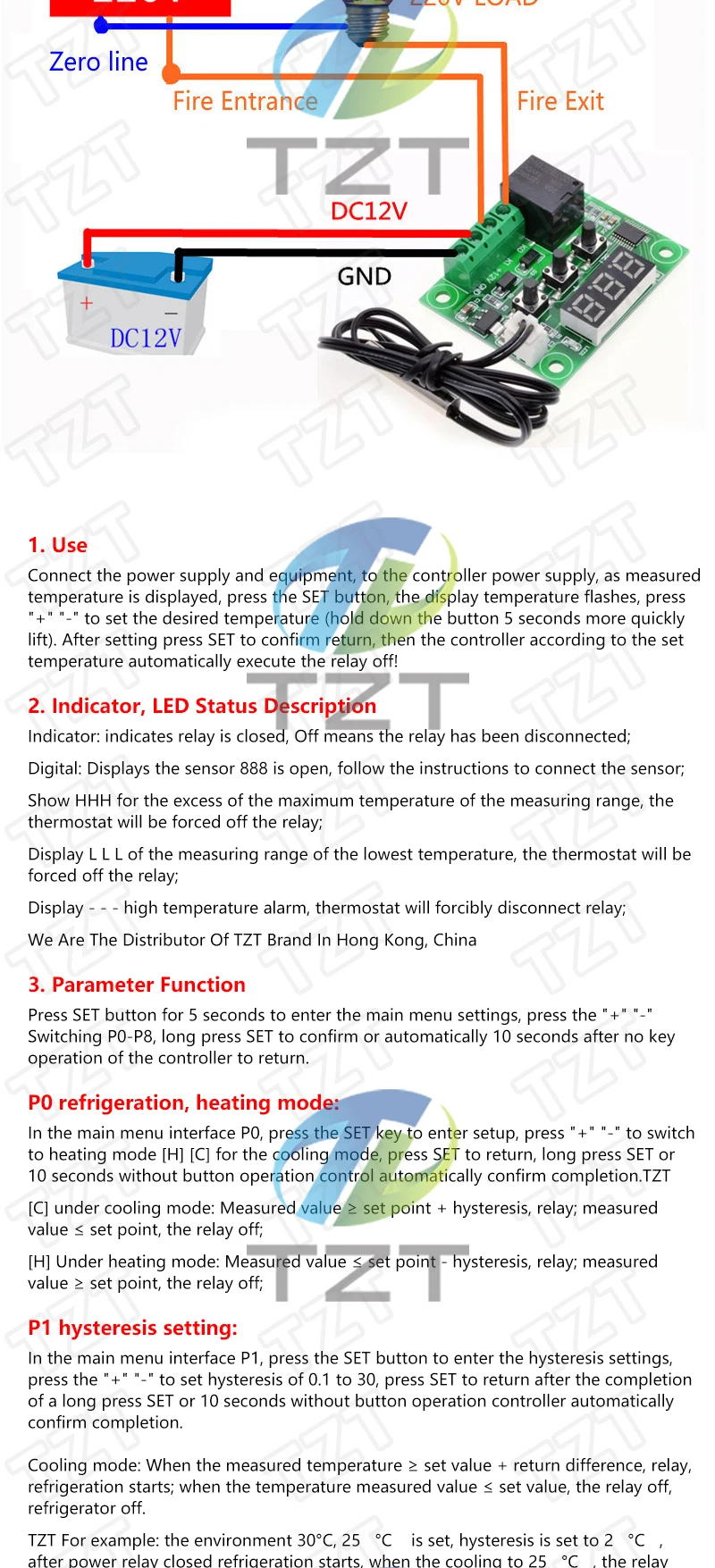 W1209 Blue/Red light DC 12V heat cool temp thermostat temperature control switch temperature controller thermometer thermo