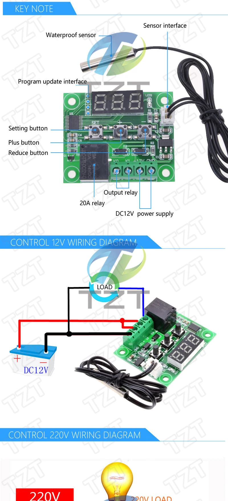 W1209 Blue/Red light DC 12V heat cool temp thermostat temperature control switch temperature controller thermometer thermo