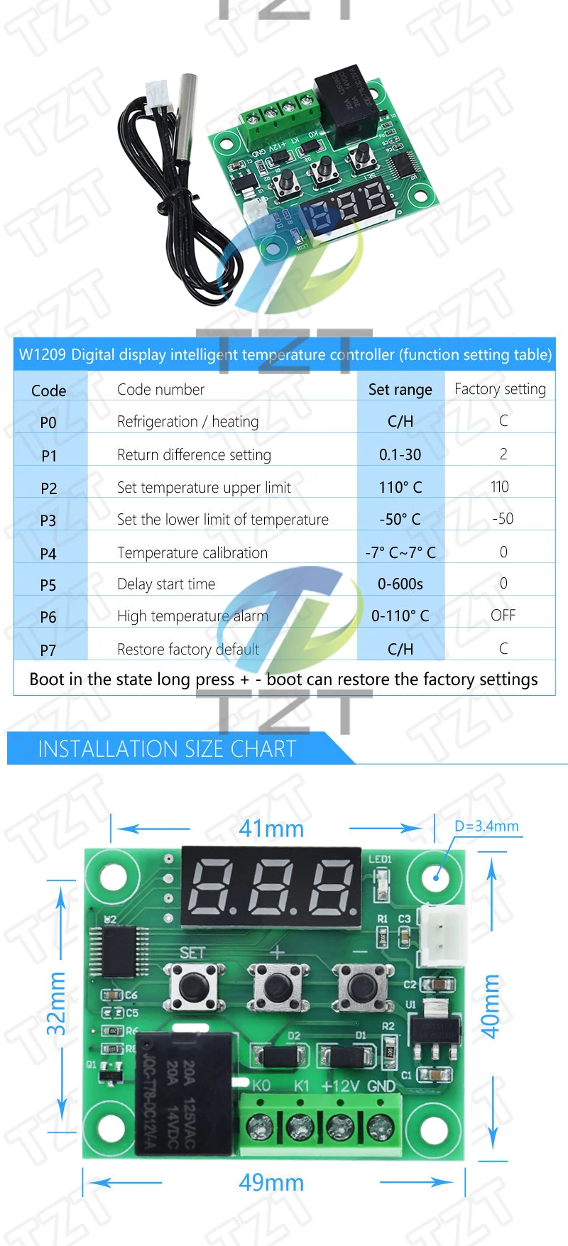 W1209 Blue/Red light DC 12V heat cool temp thermostat temperature control switch temperature controller thermometer thermo