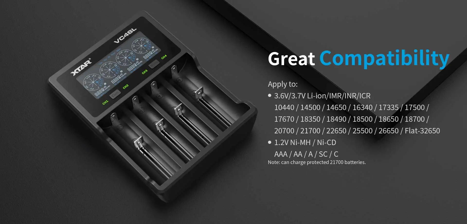 XTAR VC4SL 18650 Battery Charger USB C QC3.0 Fast Charge 1.2V Ni-MH AAA AA Batteries Rechargeable Li Ion 21700 Battery Charger