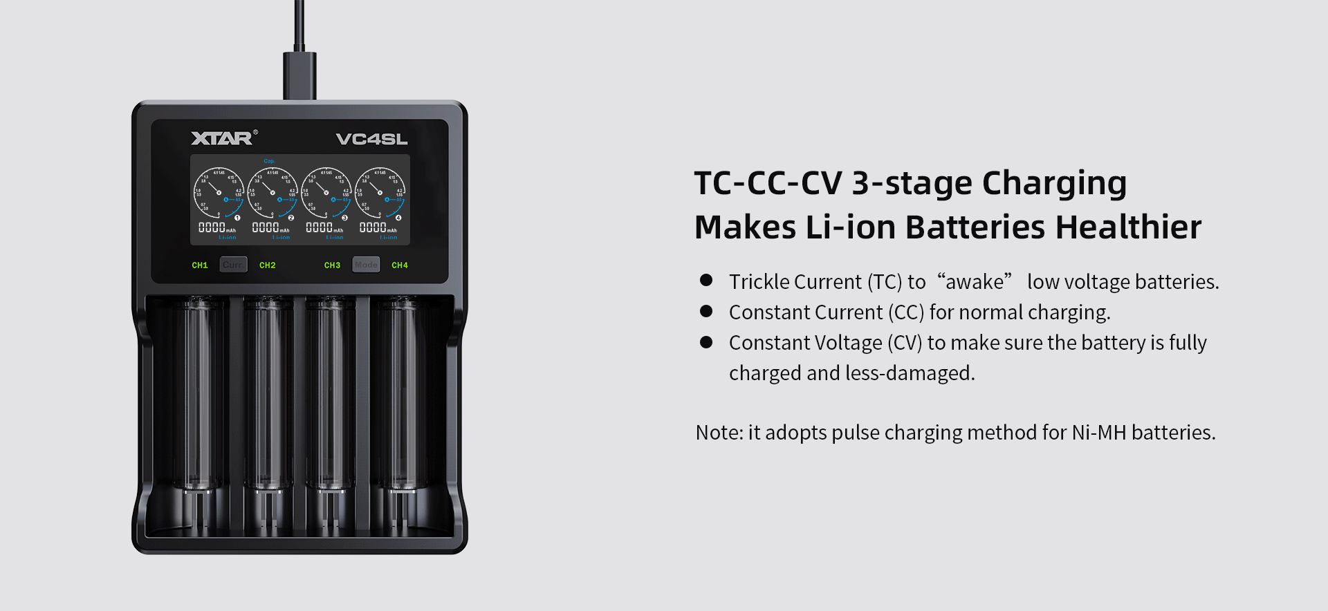 XTAR VC4SL 18650 Battery Charger USB C QC3.0 Fast Charge 1.2V Ni-MH AAA AA Batteries Rechargeable Li Ion 21700 Battery Charger
