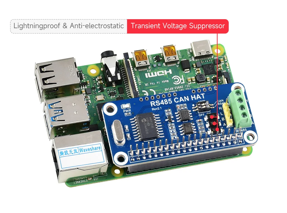 Raspberry Pi RS485 CAN HAT 3.3V MCP2515 SP3485 SPI Interface Allows Stable Long-Distance Communication for Pi 4B/3B+/3B/Zero