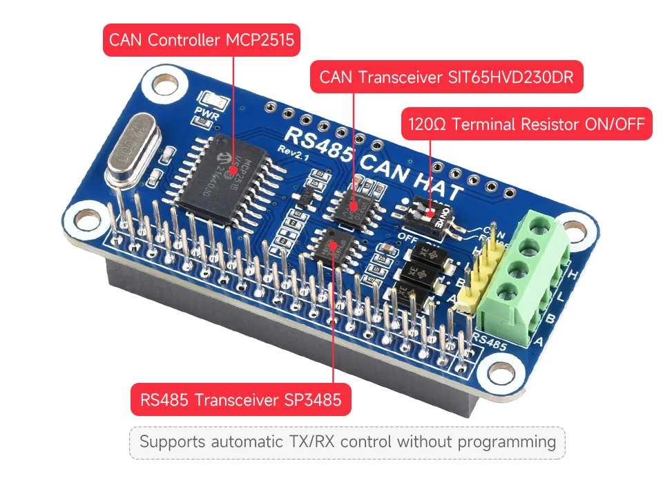 Raspberry Pi RS485 CAN HAT 3.3V MCP2515 SP3485 SPI Interface Allows Stable Long-Distance Communication for Pi 4B/3B+/3B/Zero