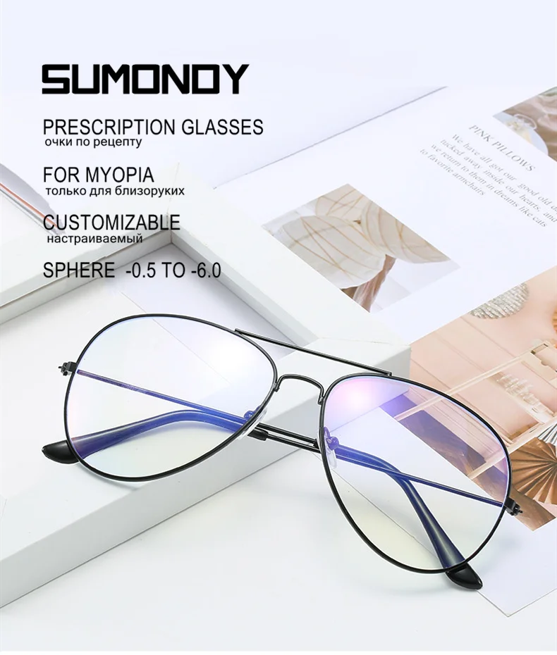 SUMONDY Myopia Glasses Prescription -0.5 to -8.0 Women Men Alloy Frame Photochrom Anti Blue Ray Nearsighted And Astigmatism UF51
