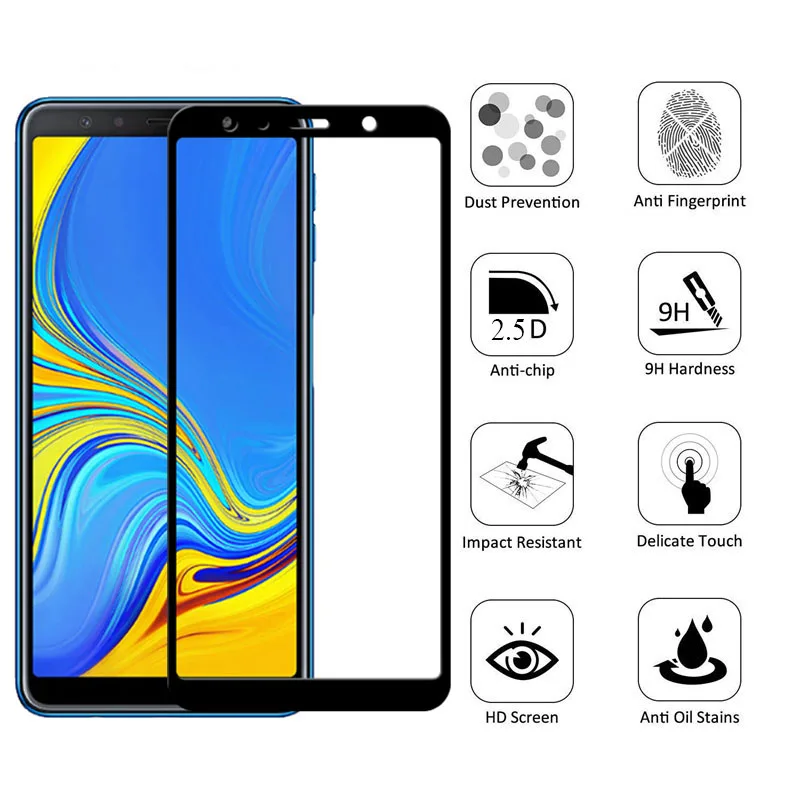 9D Full Protective Glass on For Samsung Galaxy J4 J6 A6 A8 Plus A5 A7 J7 J8 2018 Glas Tremp A750 A730F Samsun Sumsung Galaxy