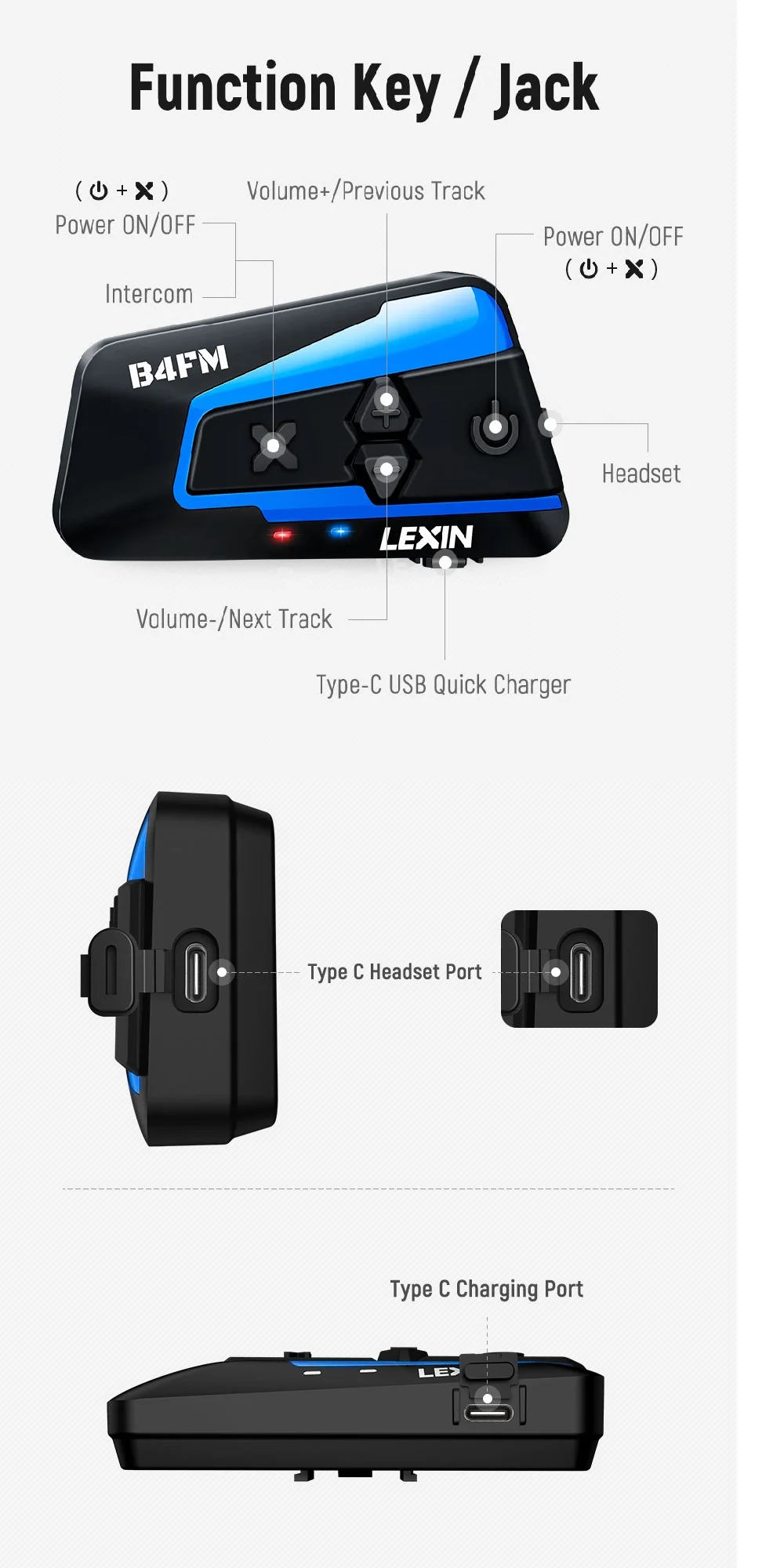 Lexin B4FM-X Bluetooth5.0 Motorcycle Helmet Intercom Headsets Type-C,10 Riders Wireless Communication Music Sharing Moto