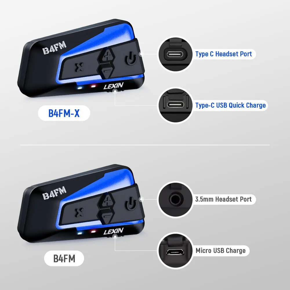 Lexin B4FM-X Bluetooth5.0 Motorcycle Helmet Intercom Headsets Type-C,10 Riders Wireless Communication Music Sharing Moto