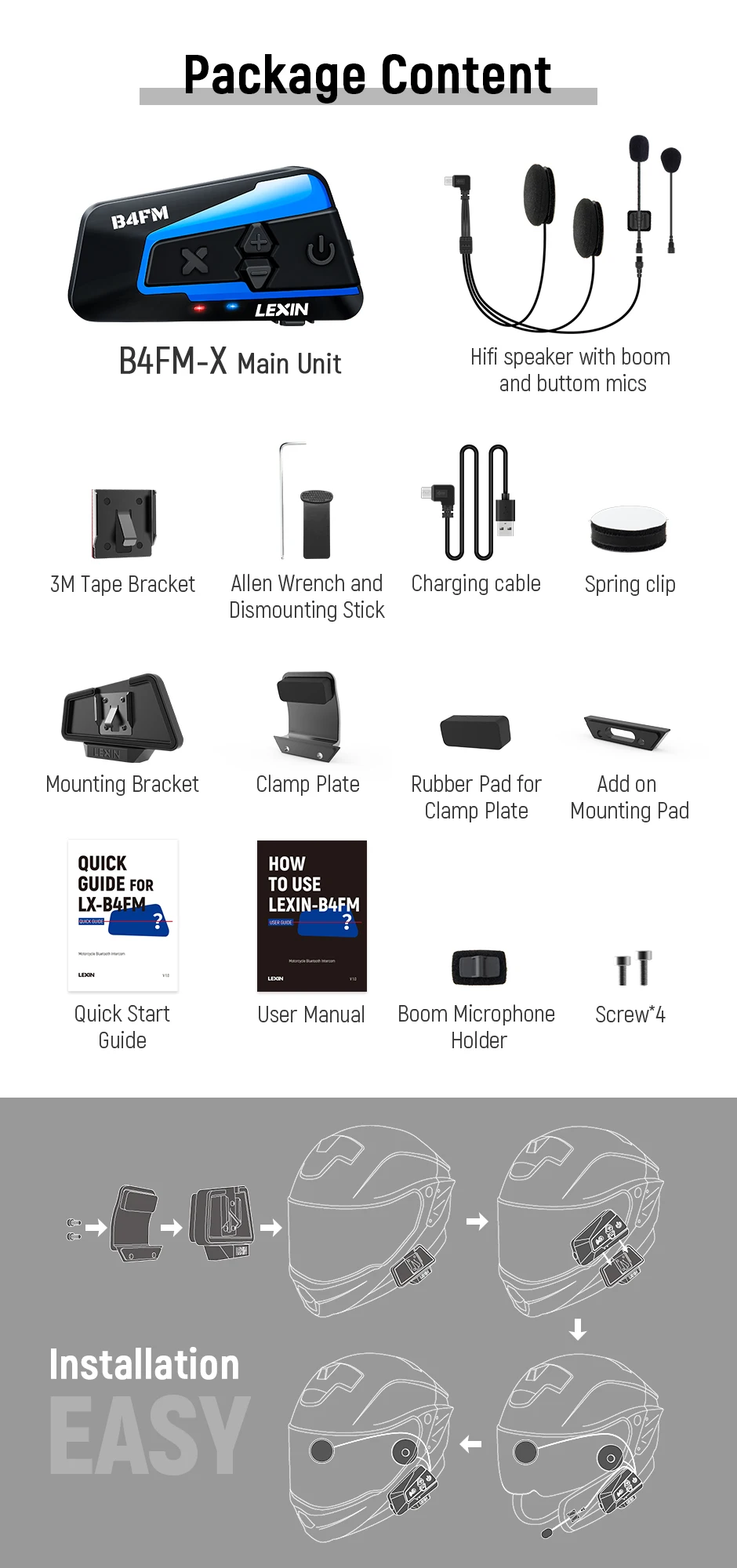 Lexin B4FM-X Bluetooth5.0 Motorcycle Helmet Intercom Headsets Type-C,10 Riders Wireless Communication Music Sharing Moto