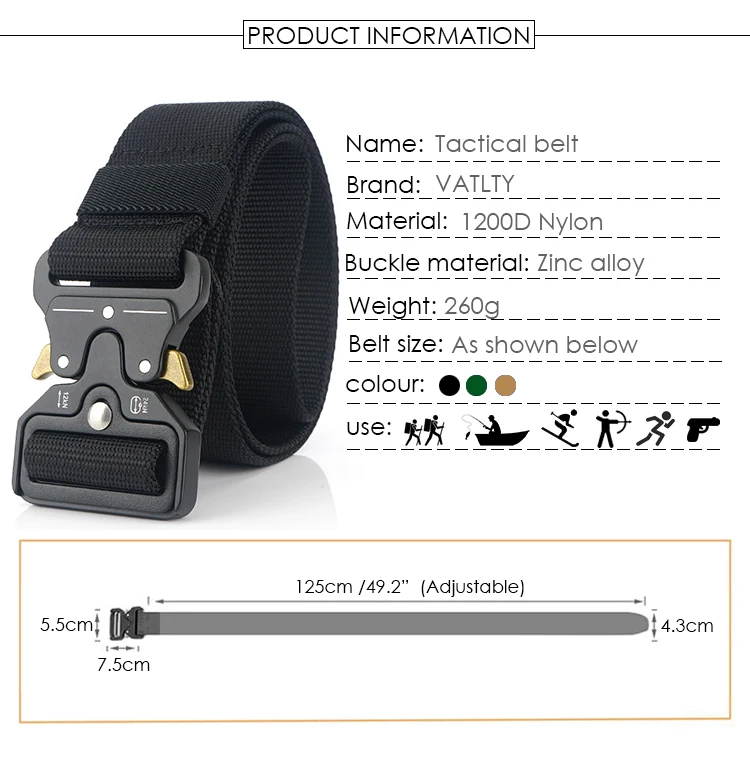 VATLTY 4.3cm Military Belt for Men 1200D Strong Soft Nylon Wide Belt Rust-Proof Metal Buckle Tactical Outdoors Belt Male Gifts