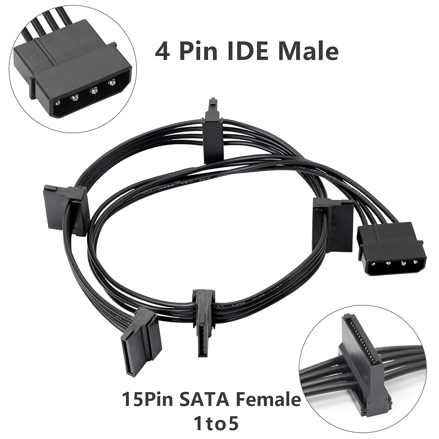 High Quality 1 Pcs Practical Durable PC Server 4 Pins IDE Molex 1 to 5 SATA Power Cable Adapter Splitter Cables 18AWG Black 40cm