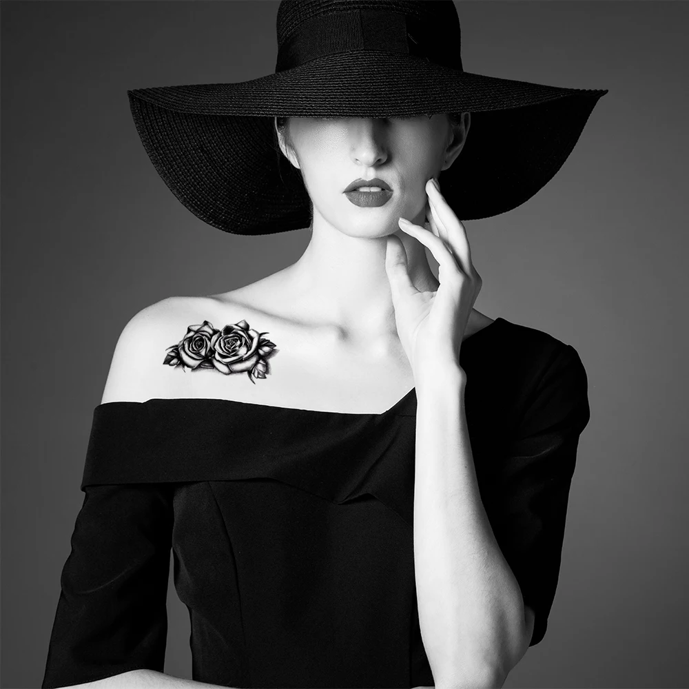Waterproof Double Rose Temporary Tattoo Sticker Flower Rose Flash Sexy Fake Black Rose Tattoos Body Art Arm Fake Sleeve Tattoo