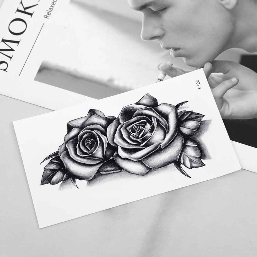 Waterproof Double Rose Temporary Tattoo Sticker Flower Rose Flash Sexy Fake Black Rose Tattoos Body Art Arm Fake Sleeve Tattoo