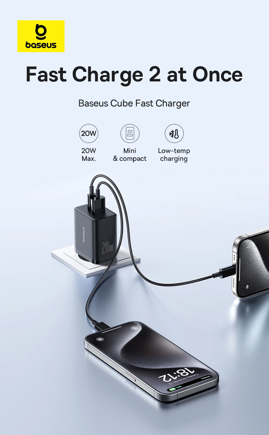 Baseus 20W USB Charger Support Type C PD Fast Charging Dual USB Port Portable Phone Charger For iPhone 17 16 15 14 13 12 Pro Max
