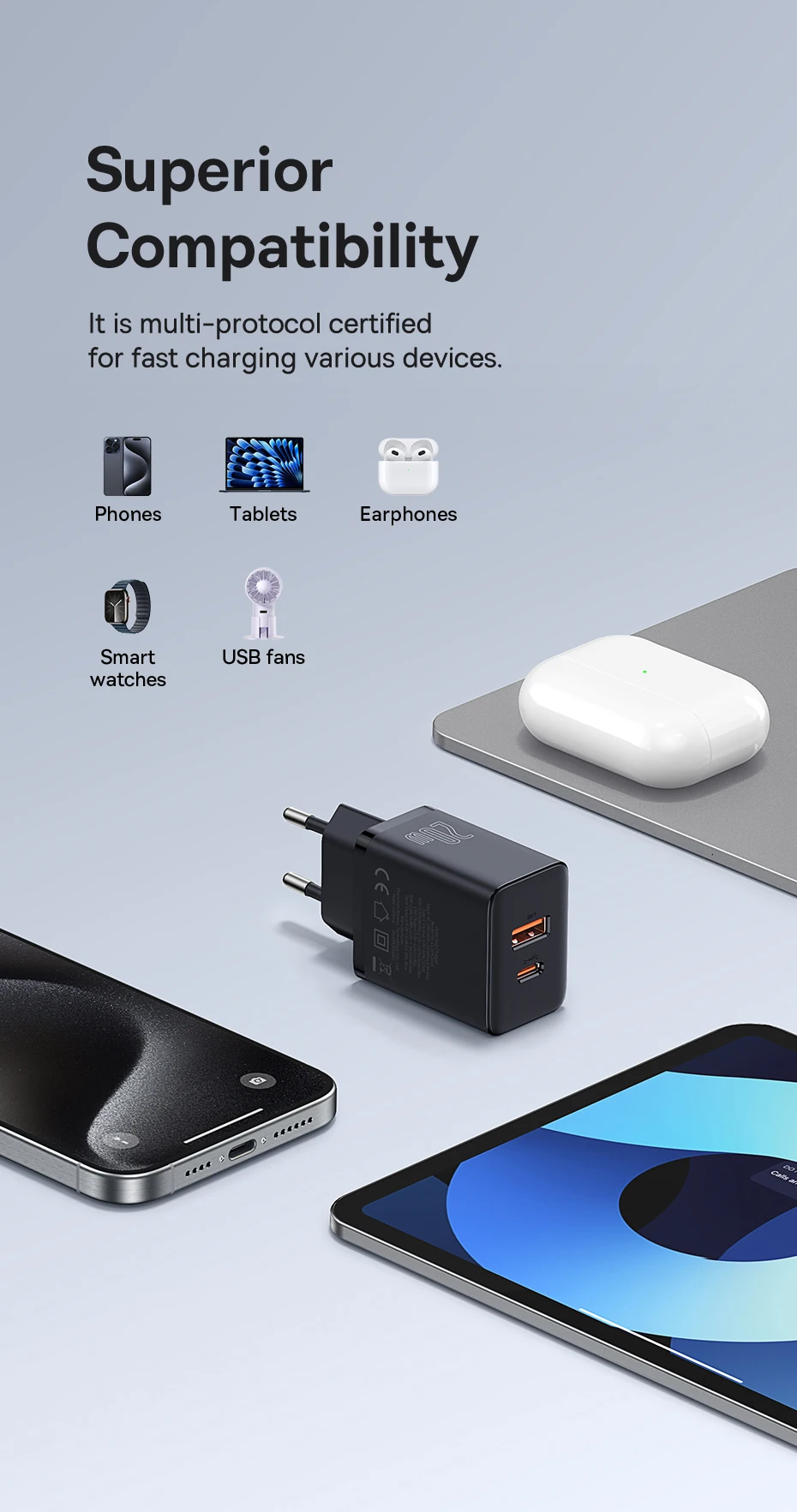 Baseus 20W USB Charger Support Type C PD Fast Charging Dual USB Port Portable Phone Charger For iPhone 17 16 15 14 13 12 Pro Max
