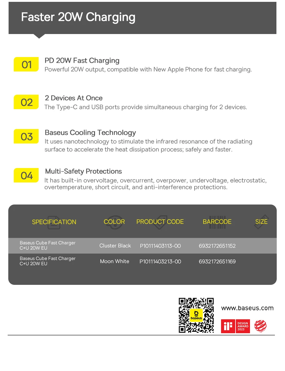 Baseus 20W USB Charger Support Type C PD Fast Charging Dual USB Port Portable Phone Charger For iPhone 17 16 15 14 13 12 Pro Max