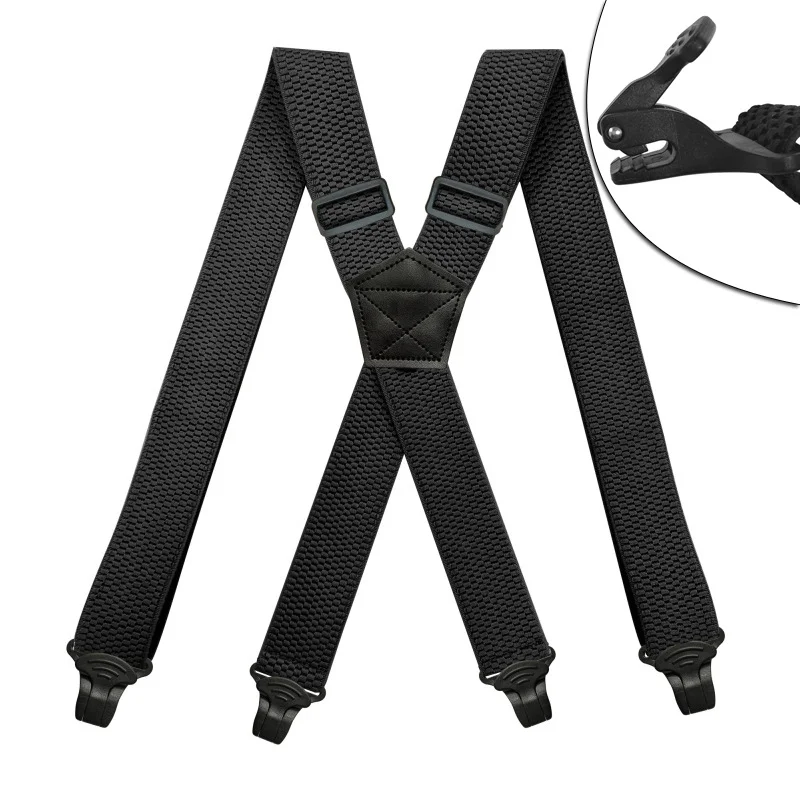 Heavy Duty Work Suspenders for Men 3.8cm Wide X-Back with 4 Plastic Gripper Clasps Adjustable Elastic Trouser Pants Braces-Black