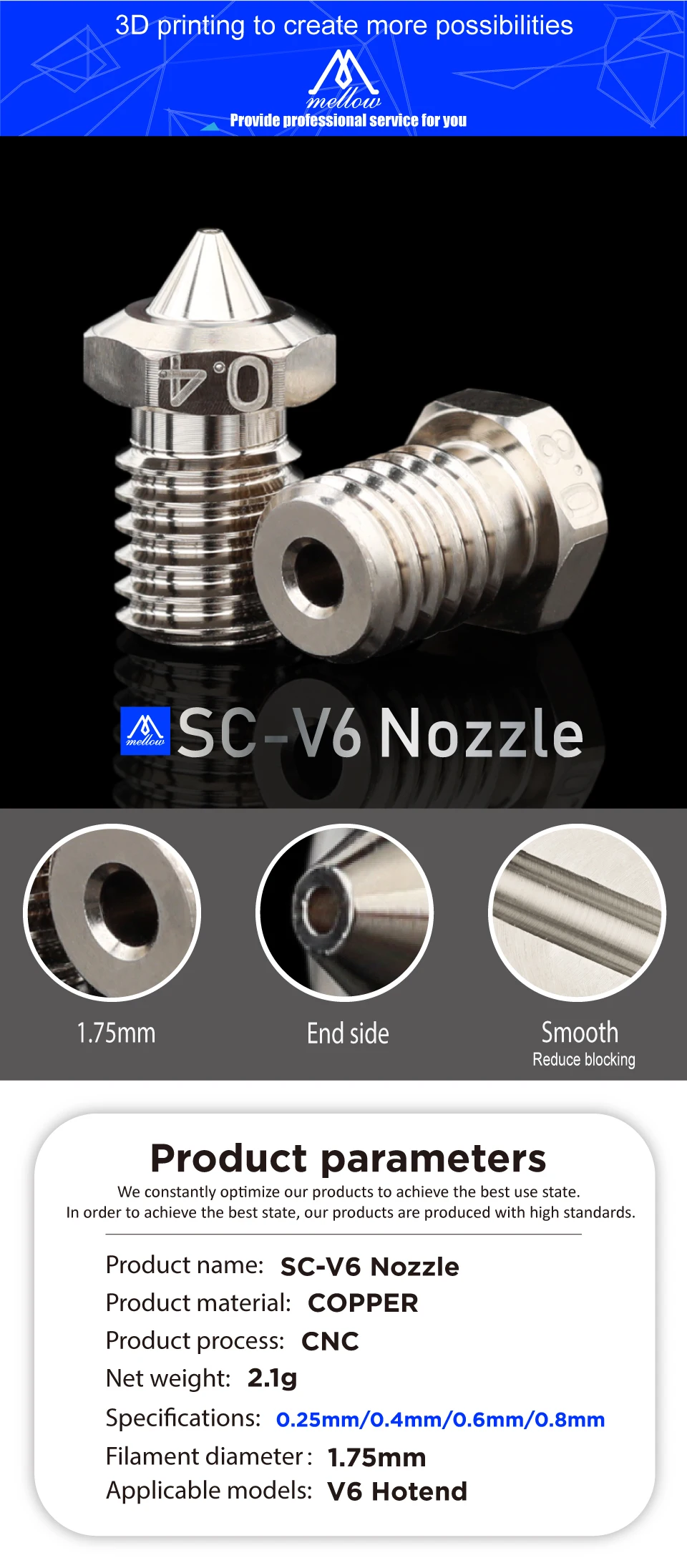 Mellow High Performance SC-V6 Plated Copper Nozzle Durable Reduce Stick For 3D Printer Nozzles M6 V6 Dragon Hotend Prusa Voron