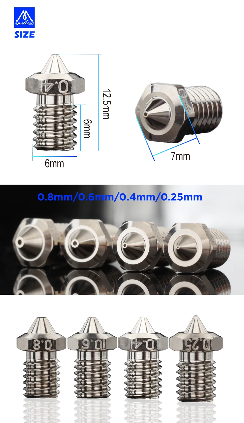 Mellow High Performance SC-V6 Plated Copper Nozzle Durable Reduce Stick For 3D Printer Nozzles M6 V6 Dragon Hotend Prusa Voron