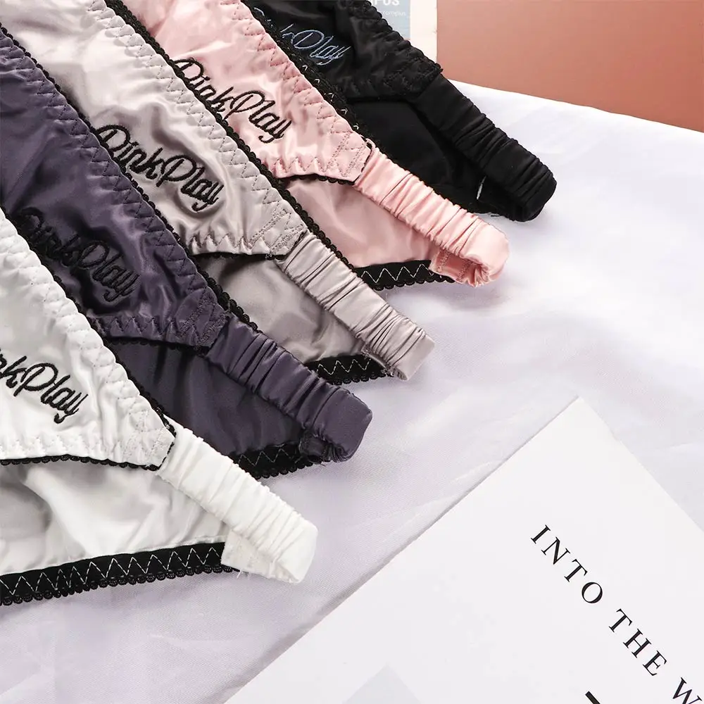 Sexy Girl Thongs Women Glossy Underwear Panty Low Waist Solid Color Satin Fabric Briefs Embroidery Fitness Sports Underpants