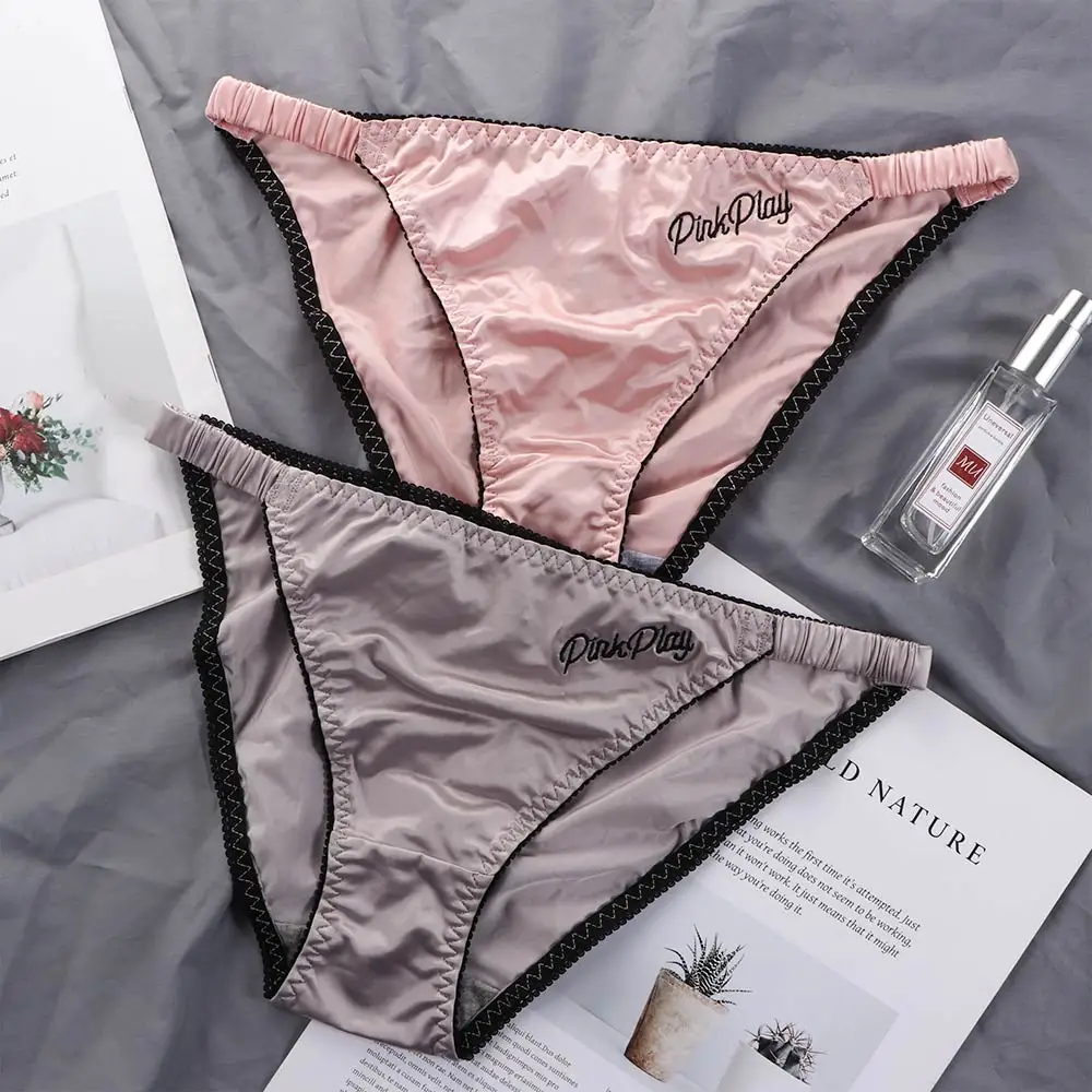 Sexy Girl Thongs Women Glossy Underwear Panty Low Waist Solid Color Satin Fabric Briefs Embroidery Fitness Sports Underpants