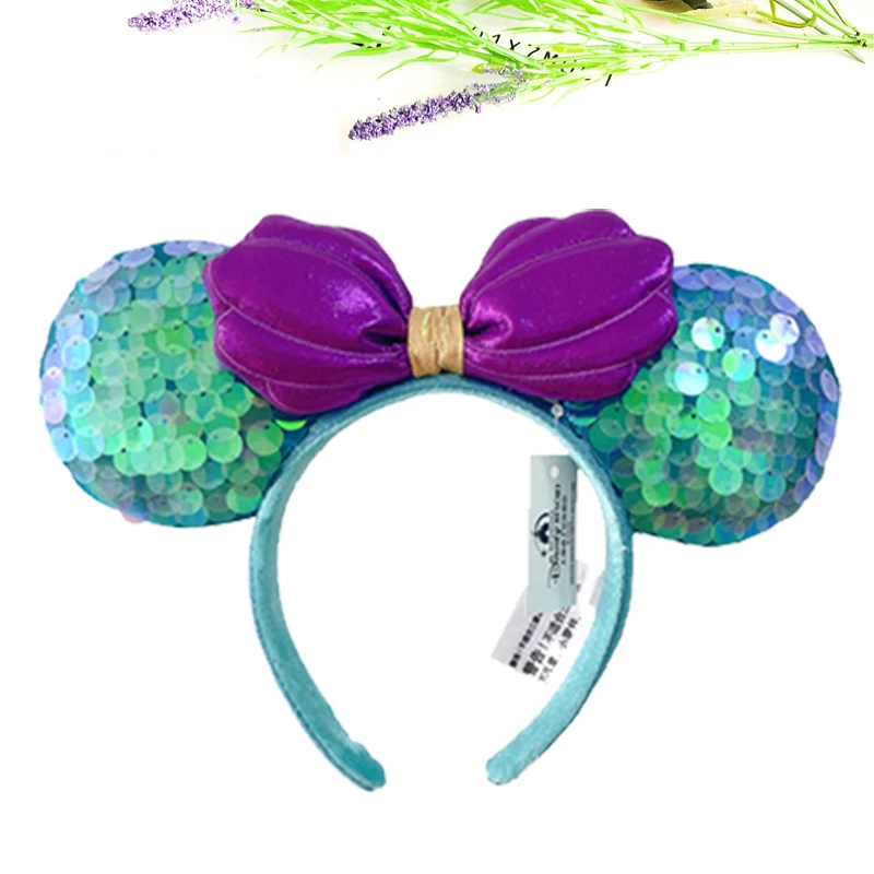Disney New February Pirate Mickey Mouse Ear Headband Sequin Hair Bow Cosplay Party Headwear Girl Toy Birthday Gift