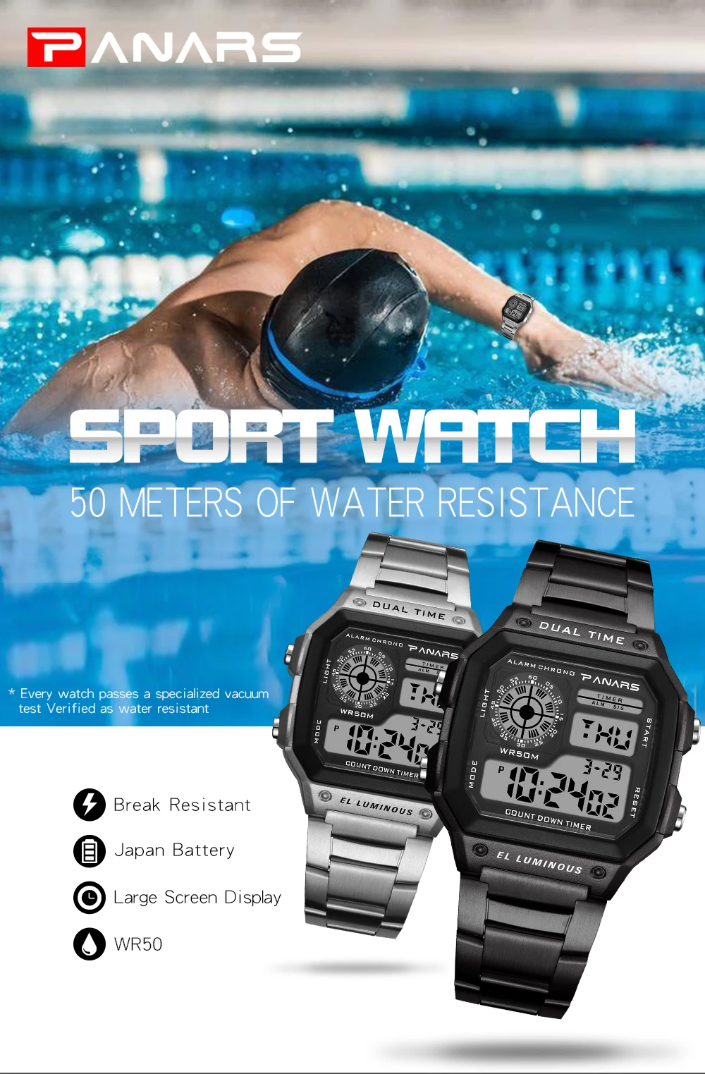 PANARS Top Brand Luxury Mens Watches Stopwatch Electronic Digital Watch Men 5BAR Waterproof Military Sports WristWatches Clock